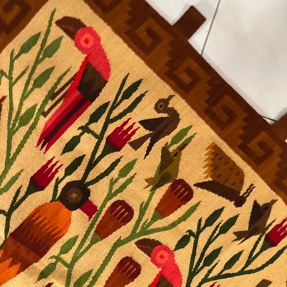 Handmade Wool Bird Forest Tapestry Wall Hanging Peru Folk Art 62 x 39 - Picture 3 of 11